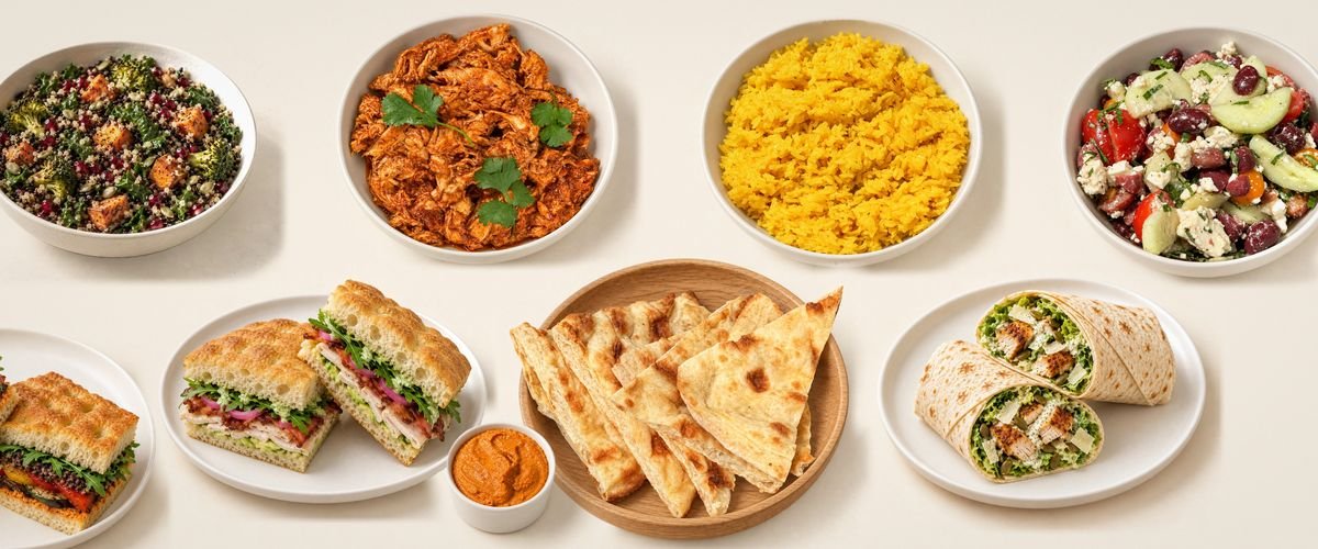 A catering spread from our menu: focaccia sandwiches, a chicken Caesar wrap, harissa chicken and saffron turmeric rice, the Harvest Bowl and Mediterranean salad, and red hummus with flatbread.
